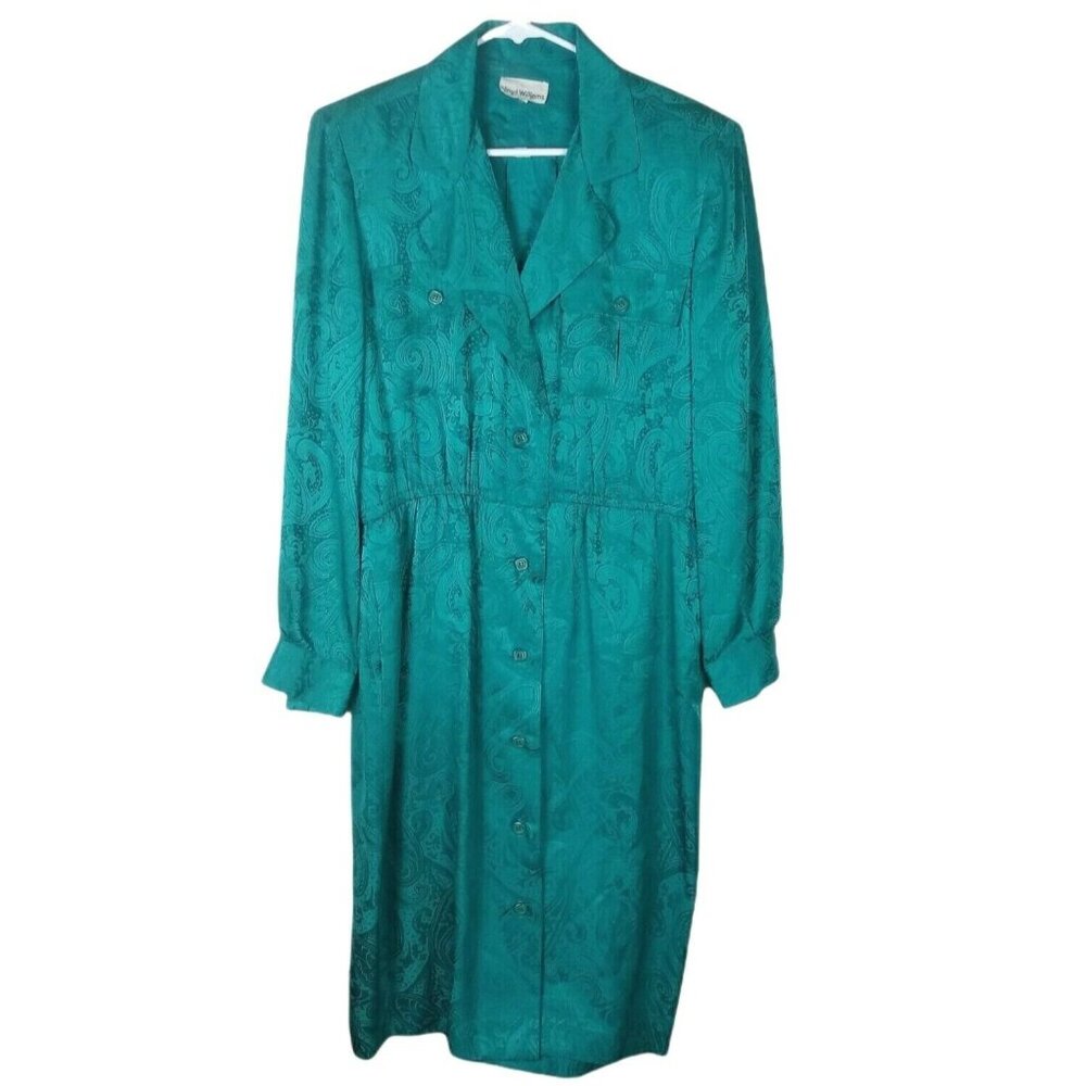 Vintage Maxi Shirt Dress Womens 8 Green Paisley Long Sleeve 80s Dark Academia
